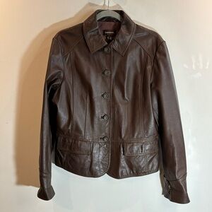 DANIER Sz L Classic Cut Collared  Button Up Pockets Shoulder Pads Leather Jacket